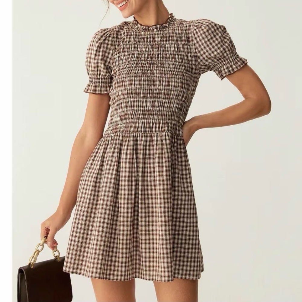 Rihoas Coffee Plaid Puffed Sleeve Mini Dress